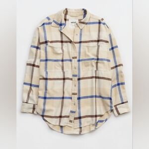 Aerie anytime Fave flannel shirt cream Brown plaid shirt oversized medium M